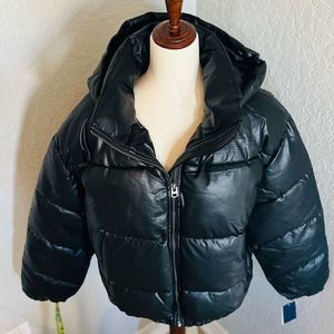 LUCKY BRAND Short VEGAN Leather Hooded Puffer Jacket, Size Large, Black, NWT